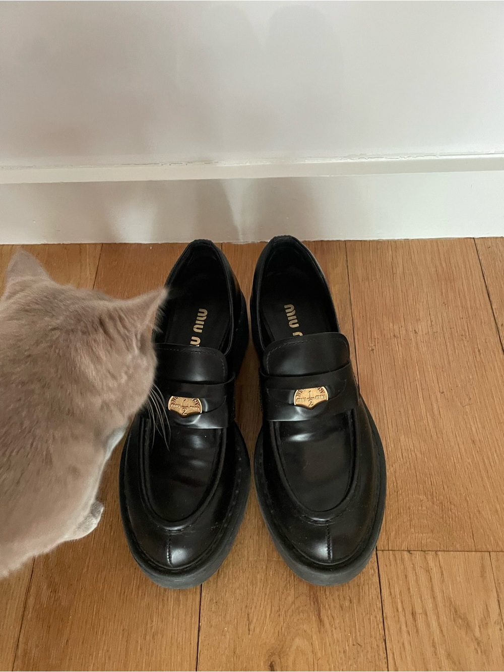 Miu Miu Black Leather Loafers with Gold Plaque